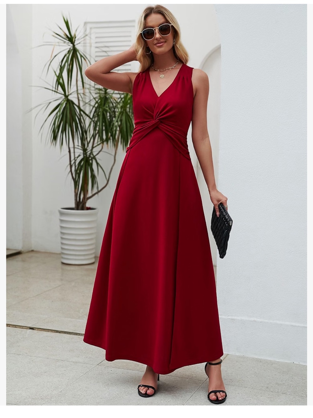 Elegant Red/wine Twist-Front Maxi Dress - Women's